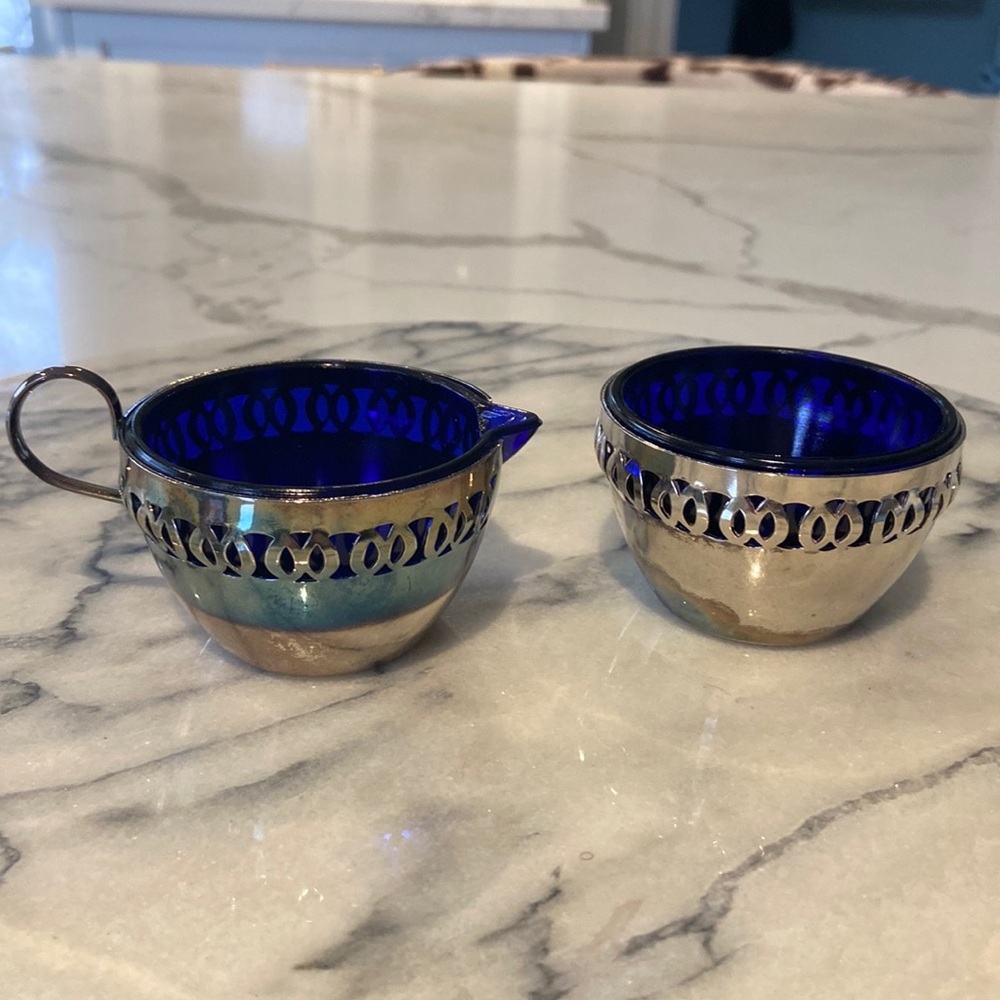 Vintage Cobalt Blue Glass and Silver Plate Sugar and Creamer. Made in England.